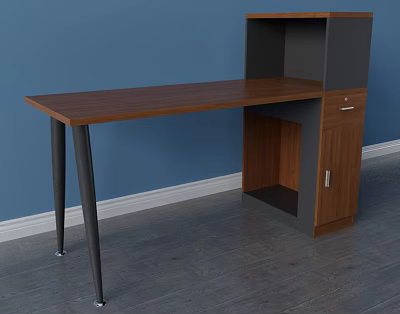 Modern Wooden Office Desk With Black Metal Legs And Storage Cabinet 3d model