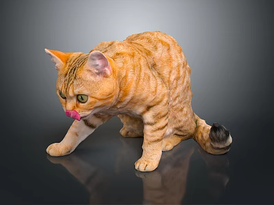 Orange Tabby Cat With Green Eyes And Pink Tongue On Dark Shiny Surface 3d model