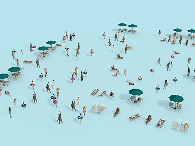Many People Enjoying Beach Day With Sun Umbrellas And Lounge Chairs 3d model