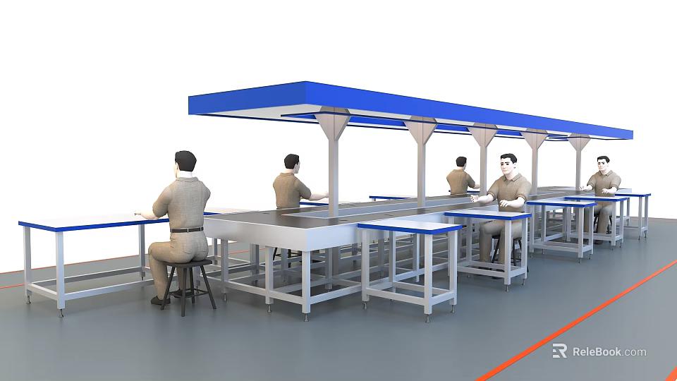 Industrial Equipment Production Line With Blue Canopies Workbenches And Workers Operating 3d model 