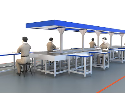 Industrial Equipment Production Line With Blue Canopies Workbenches And Workers Operating 3d model