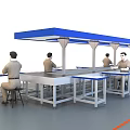 Industrial Equipment Production Line With Blue Canopies Workbenches And Workers Operating