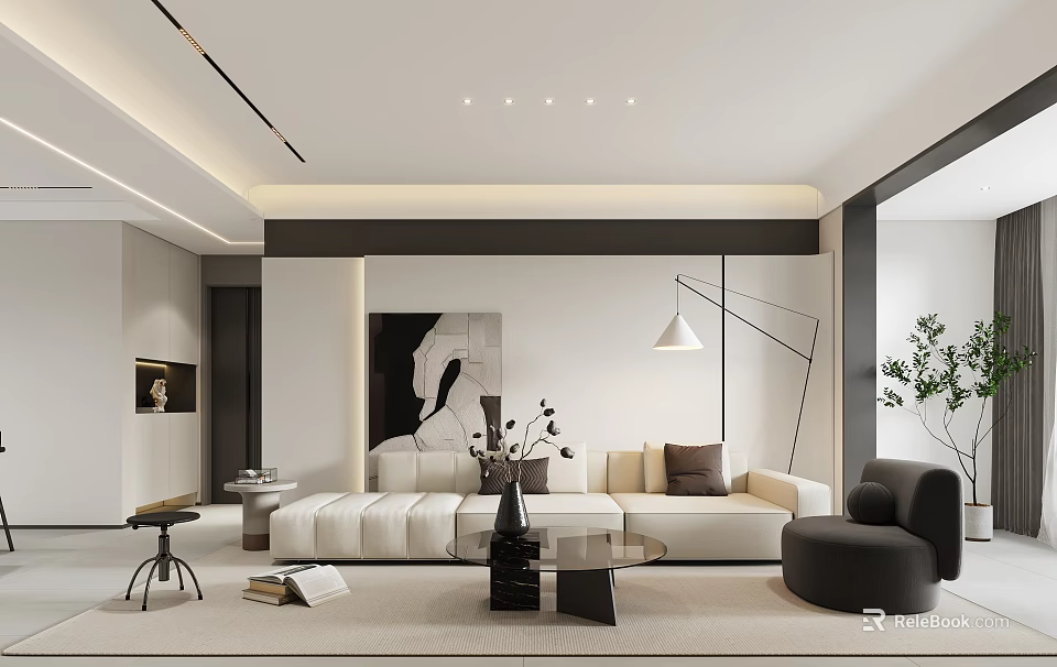 Modern Living Dining Room Interior With White Sofa Round Coffee Table And Black Armchair 3d model 