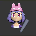 Cartoon Game Character with Pink Rabbit Ear Hat Purple Hair Red Eyes Holding Microphone Stick