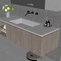 Modern Wall Mounted Bathroom Vanity With Wooden Cabinets And Flower Vase Mirror On Gray Wall