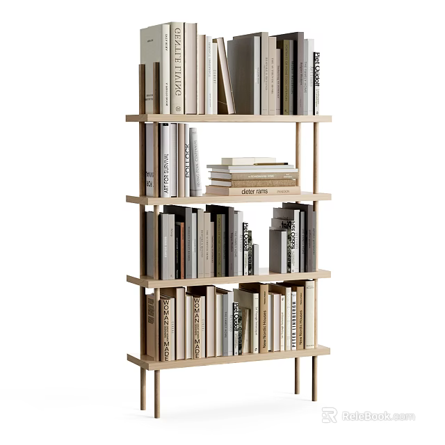 Minimalist Wooden Bookshelf Design With Multi Layer Open Shelves And Books 3d model 