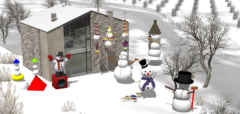 Winter Landscape With Snow Covered House Snowmen Bare Trees And Snowy Ground 3d model 