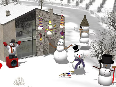 Winter Landscape With Snow Covered House Snowmen Bare Trees And Snowy Ground 3d model