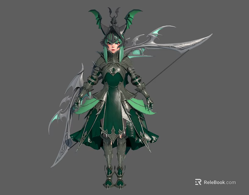 Elven Warrior In Green Armor With Dragon Wings Bow And Mythical Creature Features 3d model 