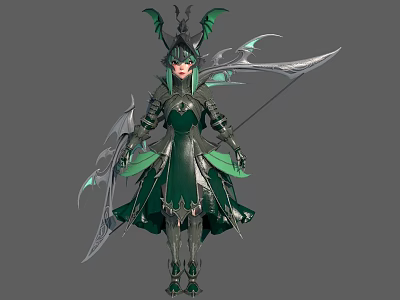 Elven Warrior In Green Armor With Dragon Wings Bow And Mythical Creature Features 3d model