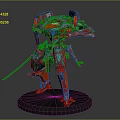 Detailed Red Green Mechanical Robot Figure With Samurai Sword Black Base And Glowing Red Accents