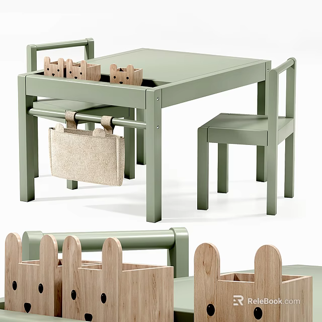 Kids Green Wooden Desk With Matching Chair Wooden Toys And Canvas Storage Bag 3d model 