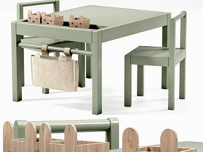 Kids Green Wooden Desk With Matching Chair Wooden Toys And Canvas Storage Bag 3d model