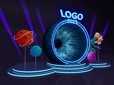 Neon Logo 2023 Display with Colorful Planets and Glowing Stand on Dark Background 3d model