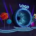 Neon Logo 2023 Display with Colorful Planets and Glowing Stand on Dark Background
