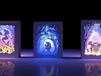 3D Paper Cut Table Lamps Featuring Glowing Forest Animal Mermaid Designs in Dark 3d model