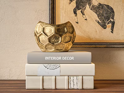 Golden Honeycomb Shaped Decorative Ornament Set With Stacked Interior Decor Books And Wall Art 3d model