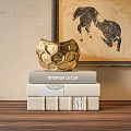 Golden Honeycomb Shaped Decorative Ornament Set With Stacked Interior Decor Books And Wall Art
