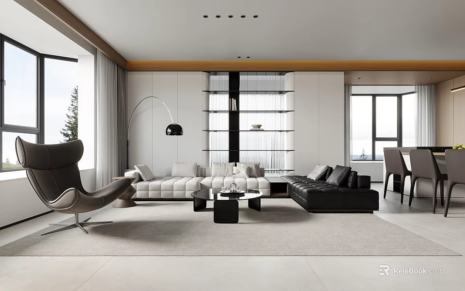 Modern Living and Dining Room With White Black Sofas Coffee Table Floor Lamp Large Windows 3d model