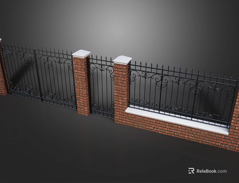 Classic Building Exterior Wall With Red Brick Pillars And Black Wrought Iron Ornamental Fence 3d model 