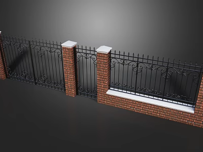 Classic Building Exterior Wall With Red Brick Pillars And Black Wrought Iron Ornamental Fence 3d model