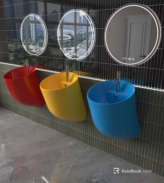 Colorful Red Yellow Blue Wall Mounted Washbasins With Round Mirrors And Grid Patterned Wall 3d model
