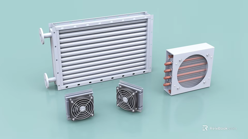Industrial Equipment Including Large Silver Radiator Small Black Fans And Square Copper Tube Radiator 3d model 