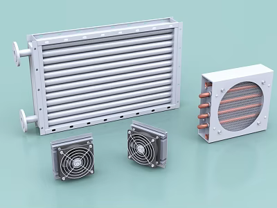 Industrial Equipment Including Large Silver Radiator Small Black Fans And Square Copper Tube Radiator 3d model