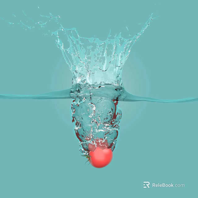 Vibrant Garden Scene with Red Tomato Falling into Water Creating Splash on Light Blue Background 3d model 