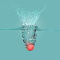 Vibrant Garden Scene with Red Tomato Falling into Water Creating Splash on Light Blue Background