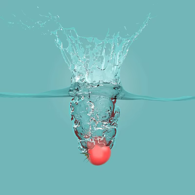 Vibrant Garden Scene with Red Tomato Falling into Water Creating Splash on Light Blue Background 3d model