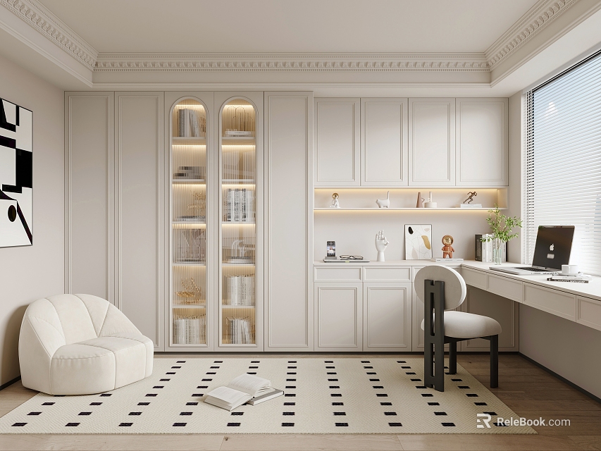 Home Office Interior Design With White Arched Bookshelf Writing Desk Chair And Black White Rug 3d model 