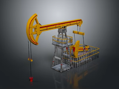Yellow Oil Pump Jack with Metal Platform and Support Structure for Petroleum Extraction 3d model