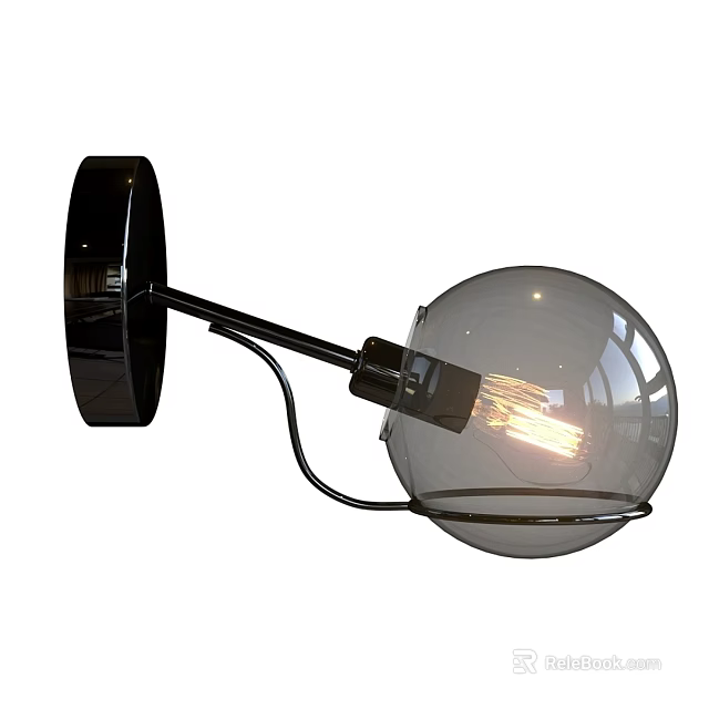 Modern Black Wall Lamp with Adjustable Arm Transparent Spherical Shade and Vintage Filament Bulb 3d model 