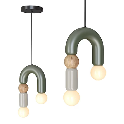 Modern Green Arch Shaped Pendant Lights With Wooden Gray Elements And Light Bulbs 3d model