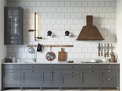 Gray Kitchen Cabinets With White Tile Wall Copper Range Hood And Marble Countertop 3d model