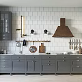 Gray Kitchen Cabinets With White Tile Wall Copper Range Hood And Marble Countertop
