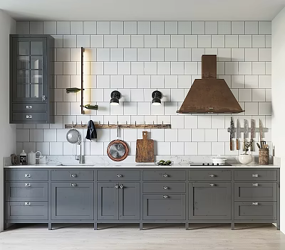 Gray Kitchen Cabinets With White Tile Wall Copper Range Hood And Marble Countertop 3d model