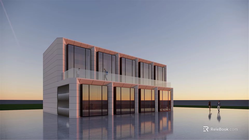 Modern Two Story Commercial Complex With Glass Facade And Sunset Reflections 3d model