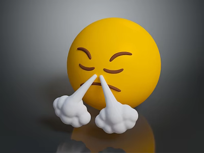 Yellow Emoji Plush Toy With Closed Eyes Furrowed Eyebrows And White Puffs 3d model