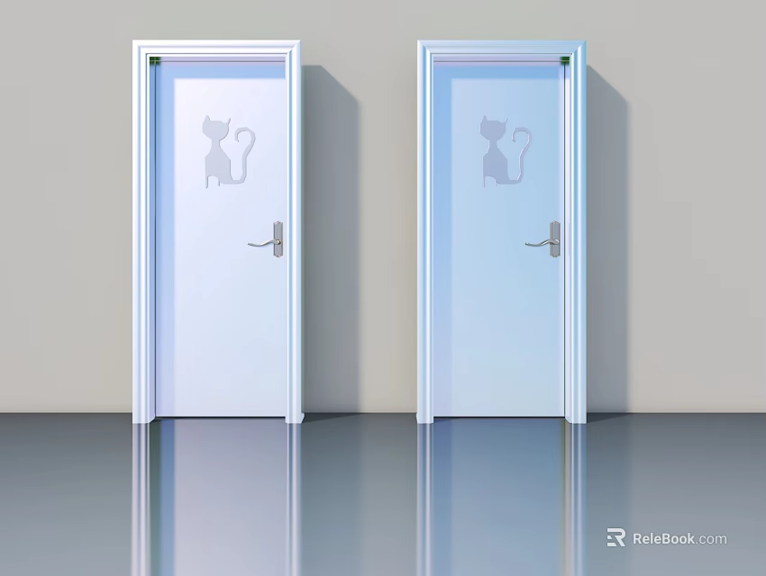 Modern Glass Swing Doors With White Frame And Cat Pattern Design 3d model 