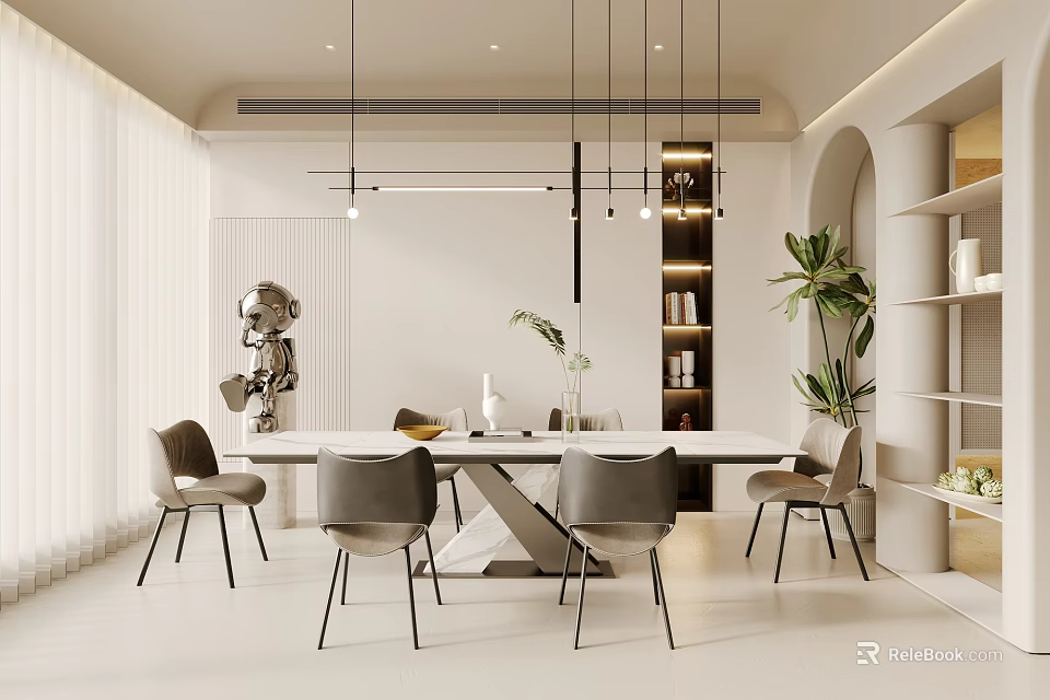 Modern Restaurant Interior With Dining Table Chairs Pendant Lights Sculpture And Green Plants 3d model 