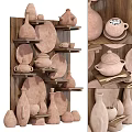 Natural Ceramic Vessels Jars Plates and Cups on Wooden Shelves