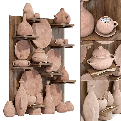 Natural Ceramic Vessels Jars Plates and Cups on Wooden Shelves 3d model