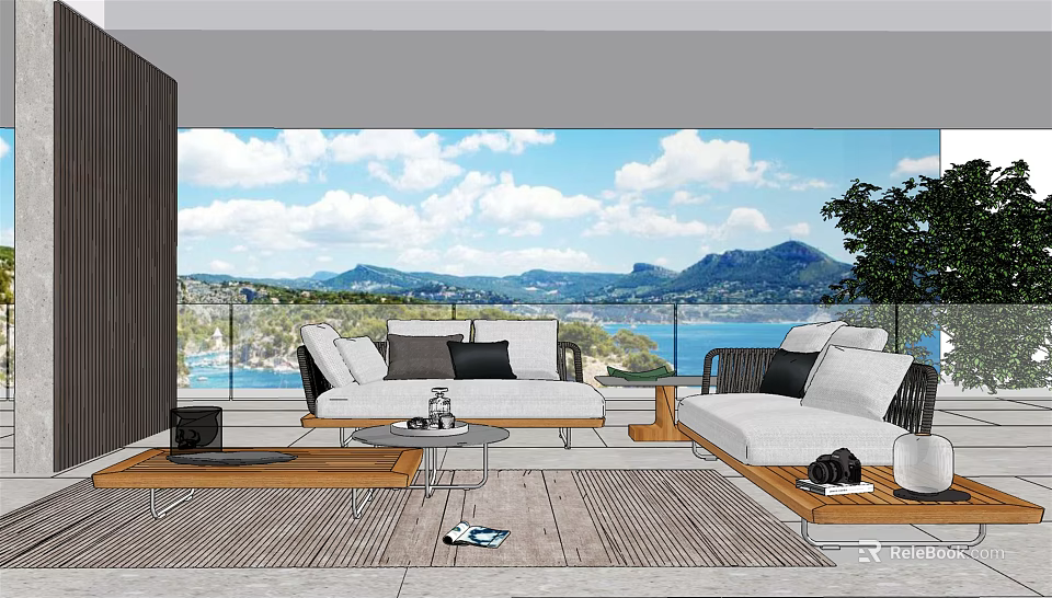 Stylish White Outdoor Sofa On Terrace With Sea View Mountain Backdrop And Wooden Coffee Table 3d model 