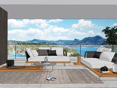 Stylish White Outdoor Sofa On Terrace With Sea View Mountain Backdrop And Wooden Coffee Table 3d model