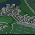 Multiple Modern Residential Buildings with Balconies on Green Hillside by Waterfront Scenic View