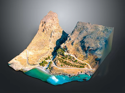 Detailed Mountainous Coastal Terrain With Path Vegetation And Blue Water 3d model