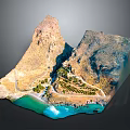 Detailed Mountainous Coastal Terrain With Path Vegetation And Blue Water