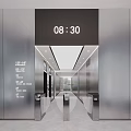 Modern Elevator Lobby With Metallic Walls Ceiling Lights And Digital Clock 3d model